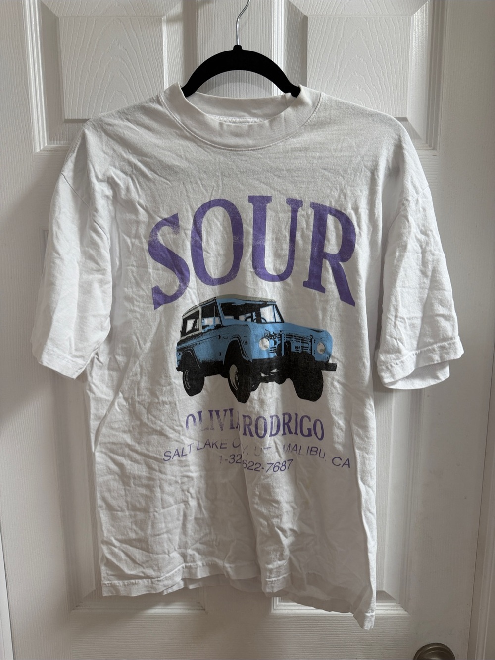 SOUR Olivia Rodrigo White Oversized Graphic Tee with Purple & Blue Print